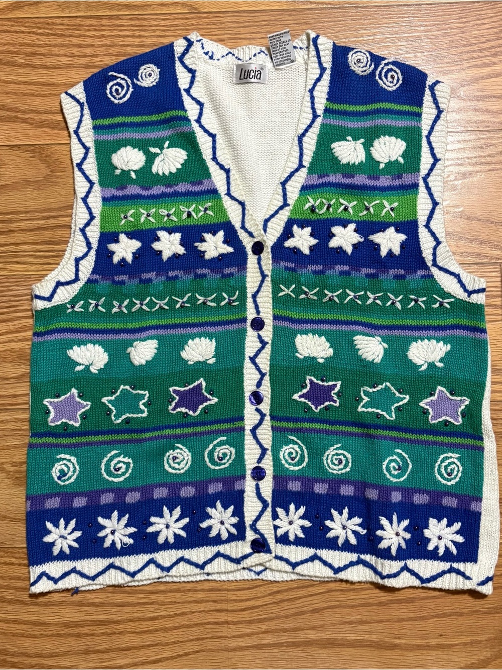 Vtg Lucia Sweater Vest Womens Small Cottage core Grannycore Beach Vibe Blue